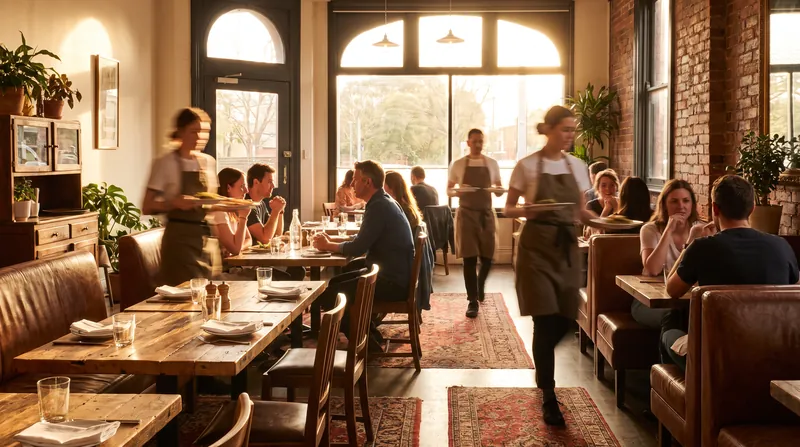 A warmly lit, half-full independent restaurant dining room with waitstaff moving between tables during evening service.