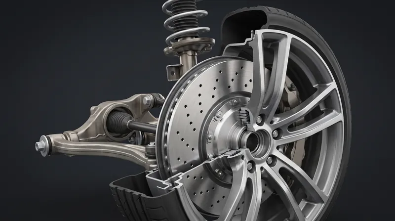 A detailed cutaway illustration showing a car's wheel, tire, brake rotor, and suspension spring against a dark background.