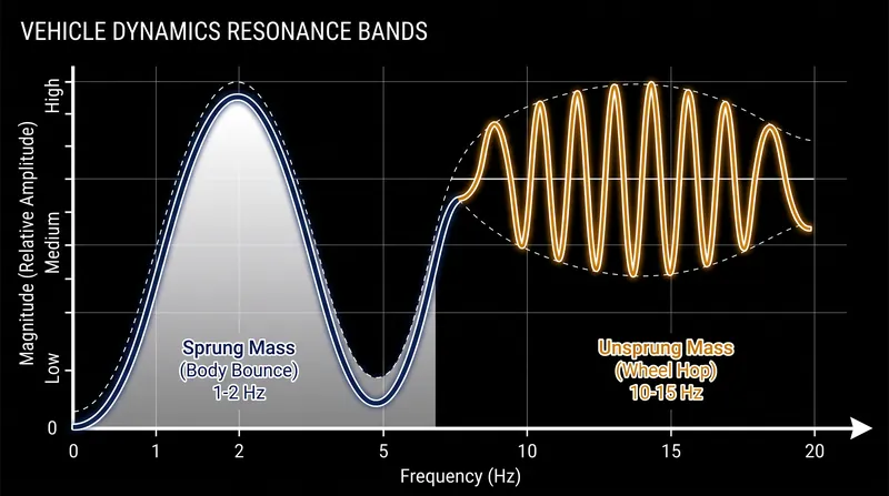 The vehicle body and the wheel assembly resonate at entirely different frequencies, dictating how passengers perceive bumps.