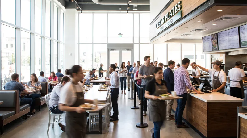 Customers ordering food at a bright, busy fast-casual restaurant counter during the lunch rush.