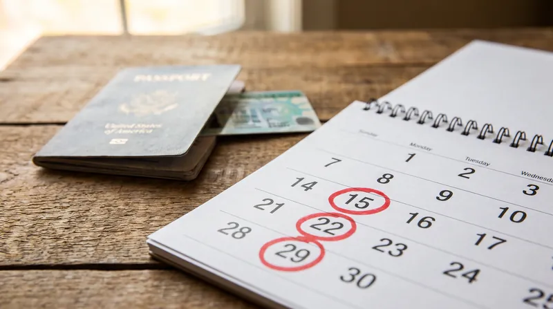 A United States passport and a green card sitting on a desk next to a calendar with dates circled in red.