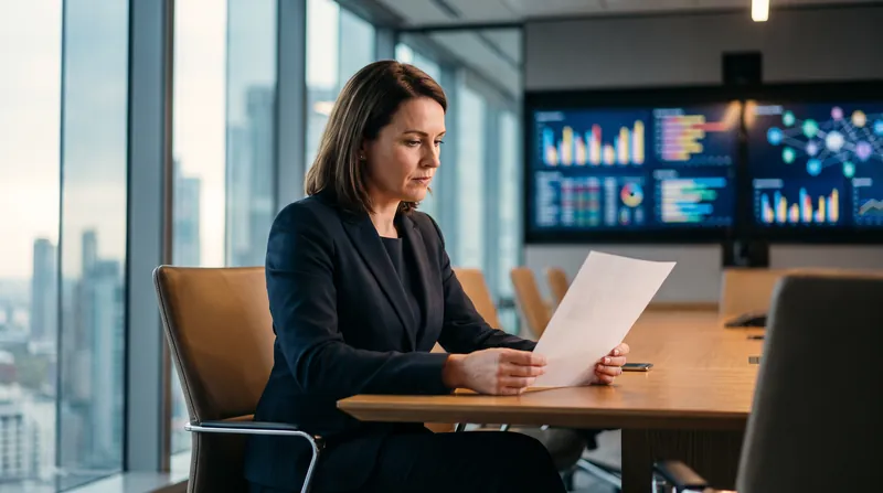 A corporate executive in a modern glass boardroom looking decisively at a document.