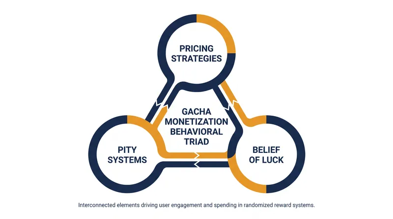 The three pillars of gacha monetization that capture consumer surplus across all player demographics.