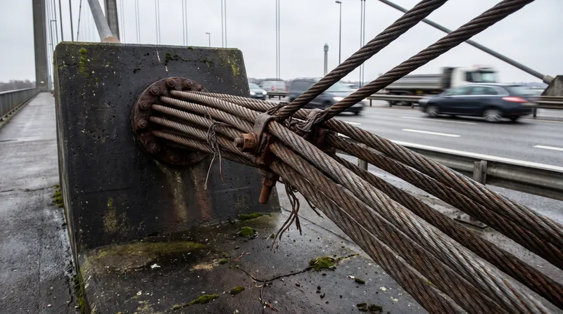 A massive steel suspension bridge cable anchoring into concrete, demonstrating extreme static tension and structural load.