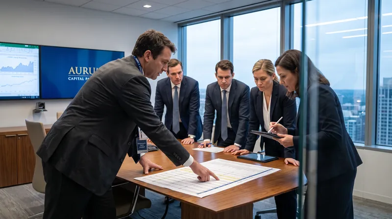 A financial analyst reviews printed corporate balance sheets and data charts in a modern boardroom.