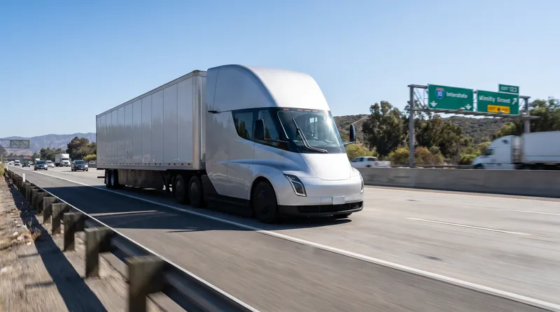 A modern autonomous commercial semi-truck driving on a sunlit interstate highway.