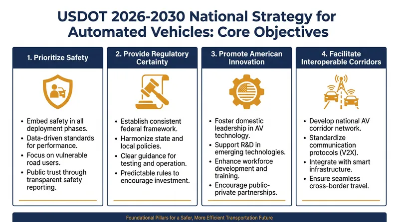 The four core objectives outlined in the 2026–2030 National Strategy for Automated Vehicles.