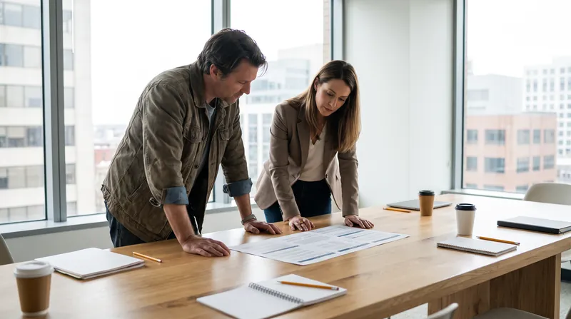 A startup founder and an angel investor sitting at a conference table reviewing a printed term sheet.