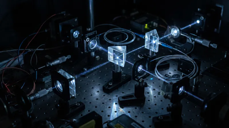 A complex optical table in a physics laboratory featuring lasers, beam splitters, and fiber optic cables.