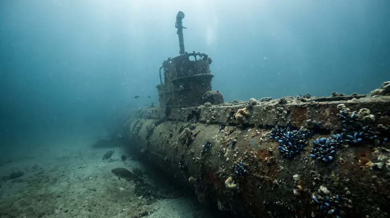 Underwater view of a heavily rusted and coral-encrusted submarine wreck resting on the sandy ocean floor.