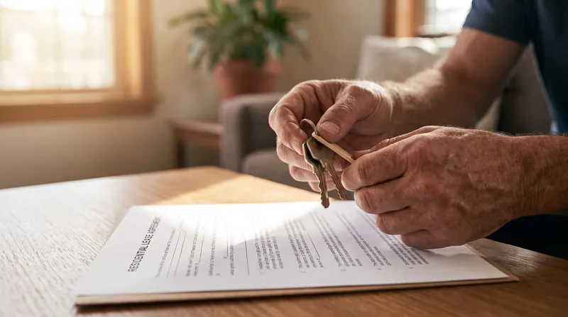 A person's hands holding a set of keys above a printed residential lease agreement on a desk.
