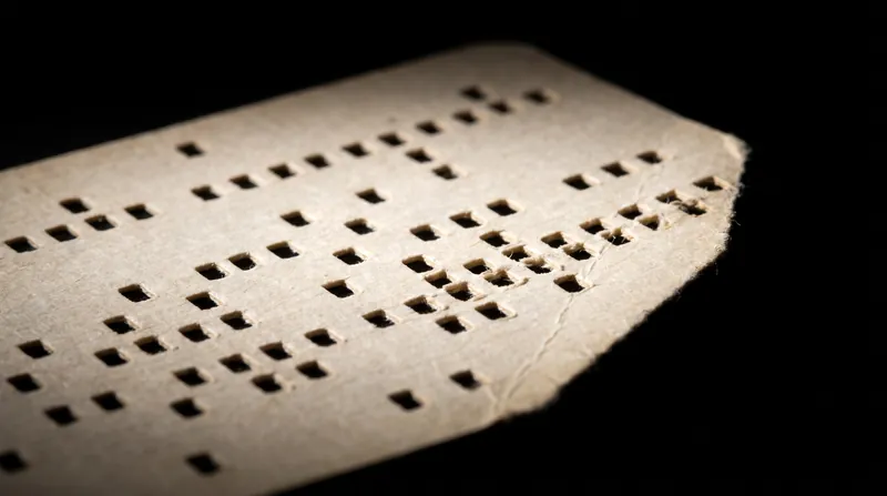 A close-up view of vintage magnetic computer data tape illuminated against a dark background.
