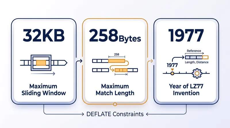 The DEFLATE specification standardized strict window and length limits to ensure decompression could run on memory-constrained hardware.