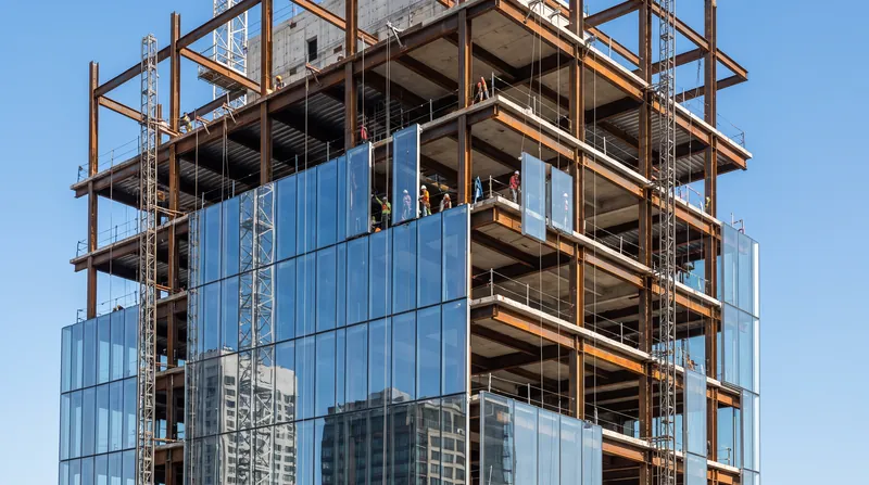 A transparent glass curtain wall being installed on the steel framework of a modern skyscraper.