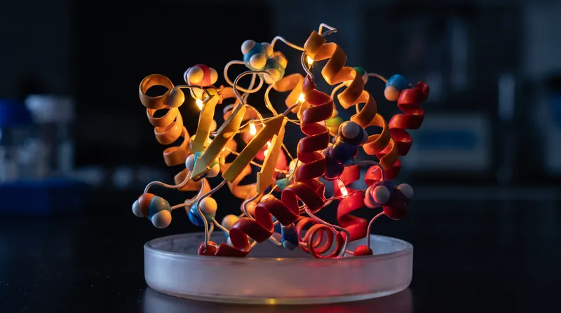 A molecular model of the ALDH2 enzyme illuminated with warm amber and deep red lighting.