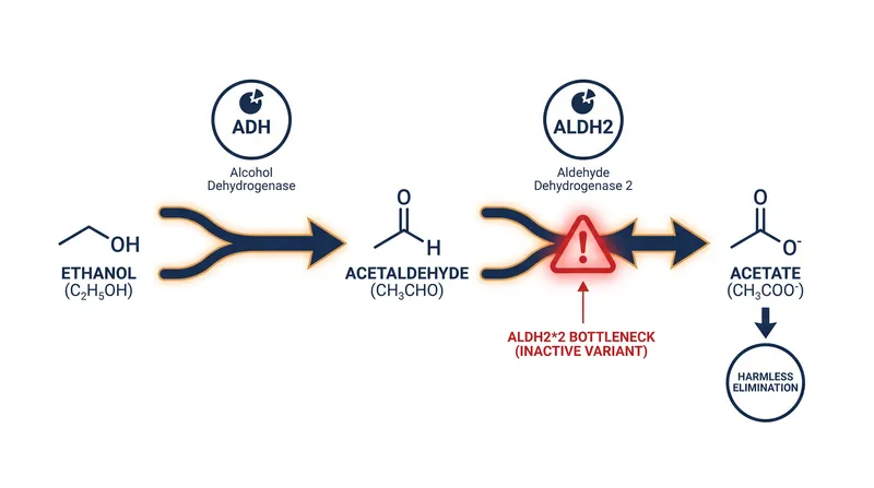 The metabolic bottleneck: when ALDH2 fails, toxic acetaldehyde accumulates rapidly in the bloodstream.