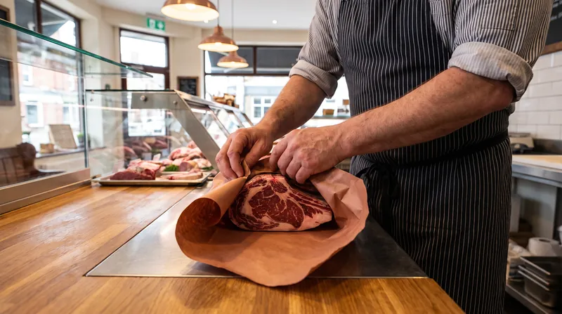A butcher's hands wrapping a fresh cut of raw beef in brown butcher paper at a counter.
