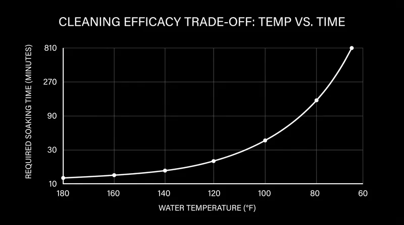 As water temperature decreases, the required time to achieve the same level of soil removal increases non-linearly.