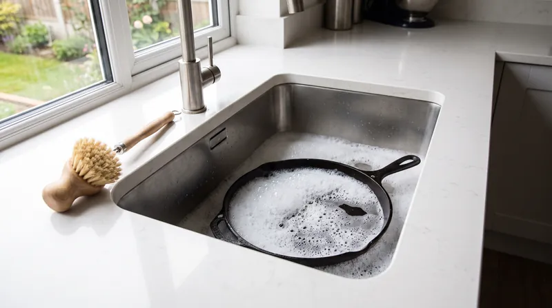 A cast iron pan soaking in soapy water inside a stainless steel kitchen sink with a scrub brush.