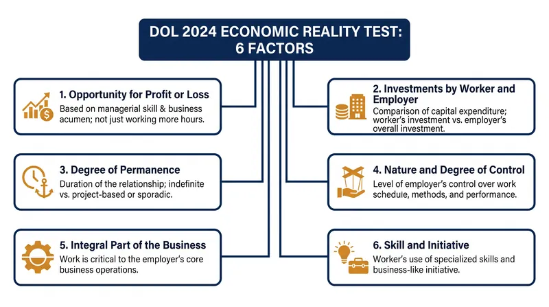 The Department of Labor evaluates six non-exhaustive factors to determine economic dependence.