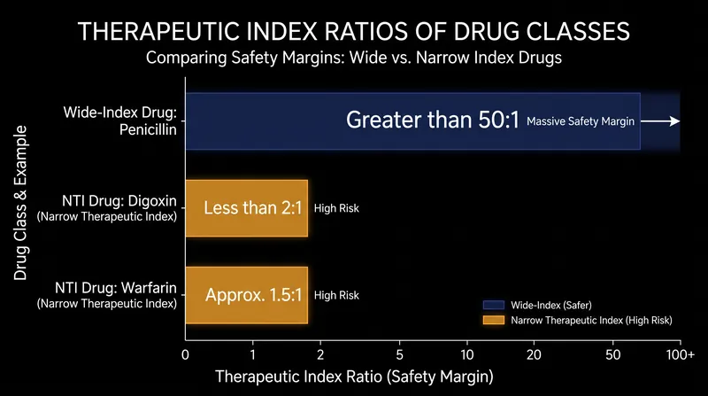 Narrow Therapeutic Index (NTI) drugs have a safety margin of less than 2:1, requiring strict clinical monitoring.