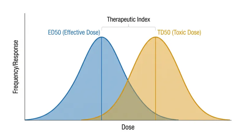 The therapeutic index represents the distance between the dose that cures and the dose that causes toxicity.