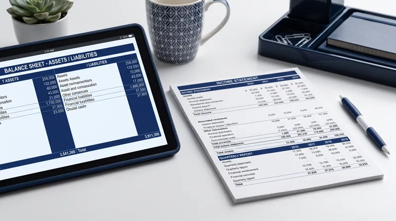 A digital tablet displaying a balanced T-account ledger sits on a desk next to financial documents.