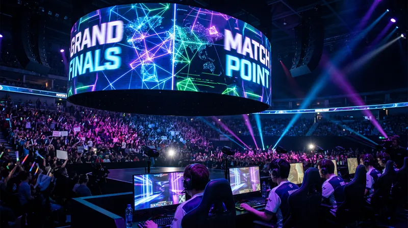 A brightly lit esports arena stage viewed from behind a player's monitor, looking toward a large screen displaying data.
