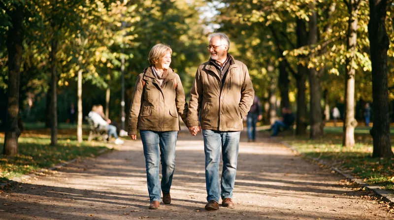 A couple holding hands and walking together through a sunlit park, looking relaxed and happy.