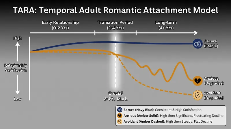 The TARA model illustrates how insecure attachment actively degrades relationship satisfaction over time.