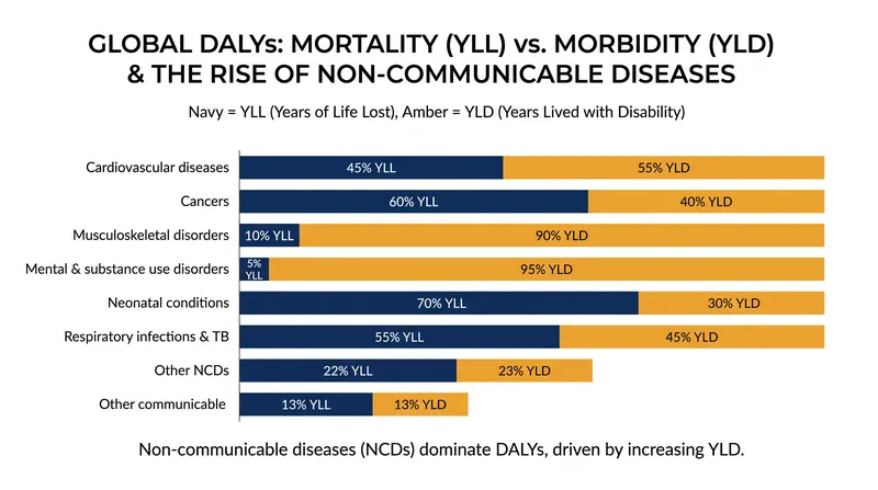 As populations age, chronic non-fatal conditions are generating an increasing share of the global disease burden.