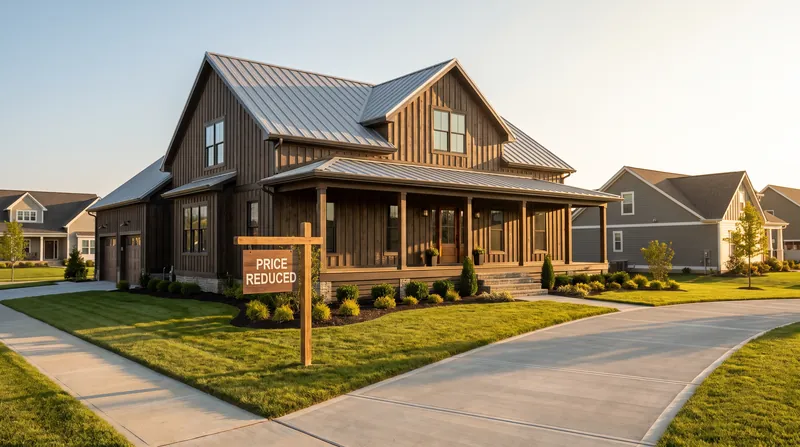 A newly constructed single-family home featuring a price reduced sign in the front yard.