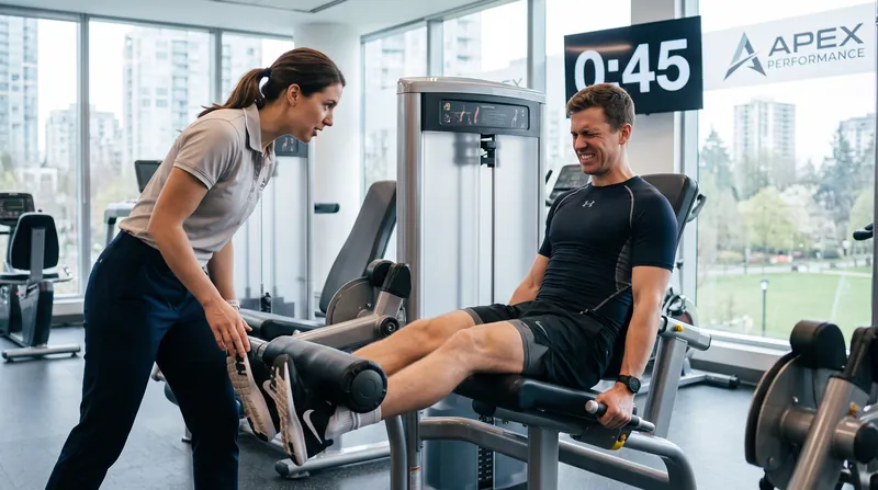 A physical therapist monitors an athlete performing a single-leg extension hold in a rehabilitation clinic.