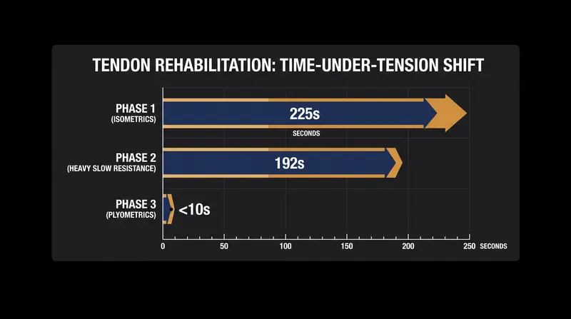 As the tendon heals, the rehabilitation stimulus shifts from sustained duration to maximal rate-of-force development.