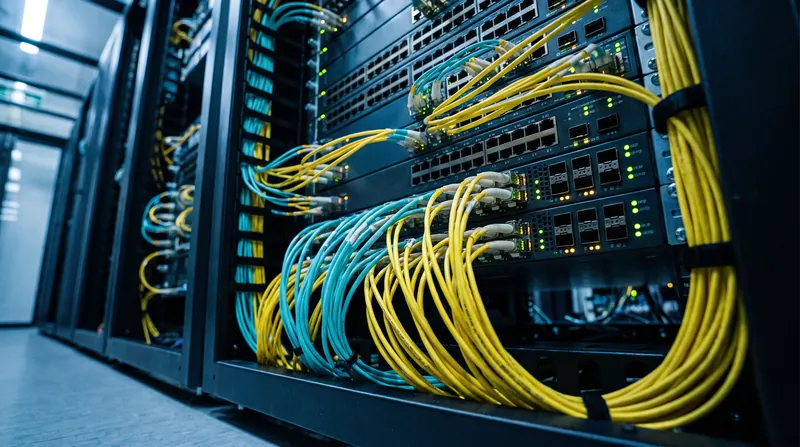 Rows of glowing network switches connected by dense bundles of yellow and blue fiber optic cables in a data center.