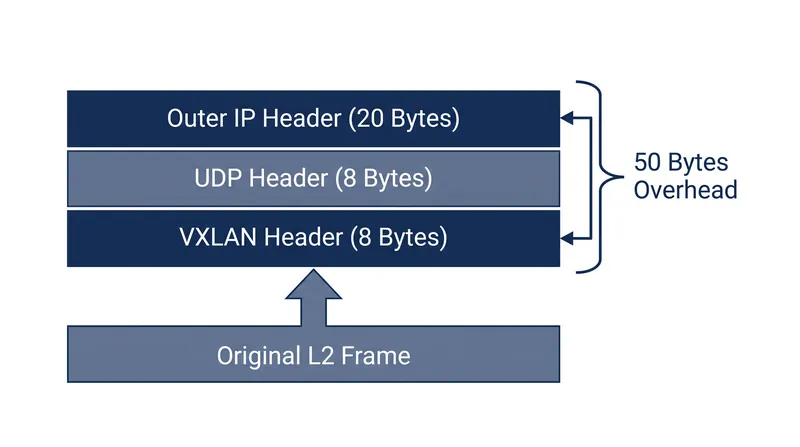 VXLAN adds exactly 50 bytes of overhead to every packet, requiring physical switches to support jumbo frames.