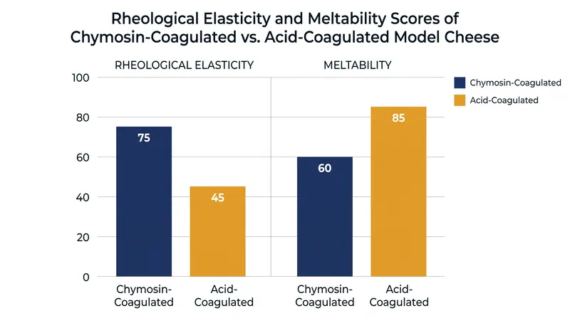 Chymosin-coagulated networks exhibit significantly higher elasticity and structural integrity than acid-coagulated curds.