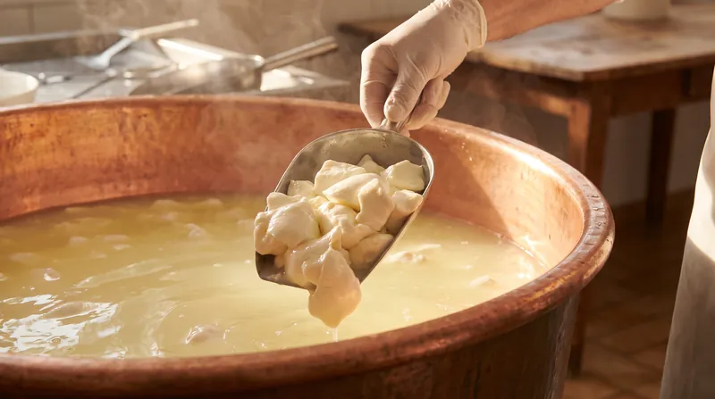 Close-up of fresh, elastic white cheese curds being lifted from pale whey in a vat.