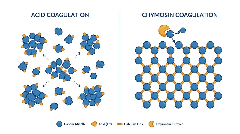 Acid coagulation causes micelles to crash together randomly, while chymosin creates an ordered, stretchable lattice.
