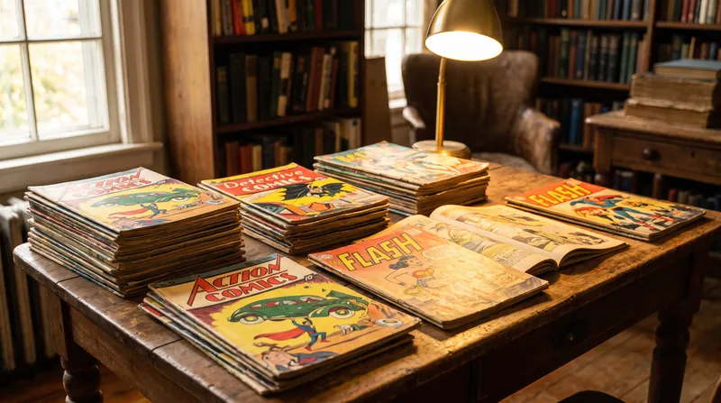 A collection of vintage DC comic books displayed on a wooden surface.