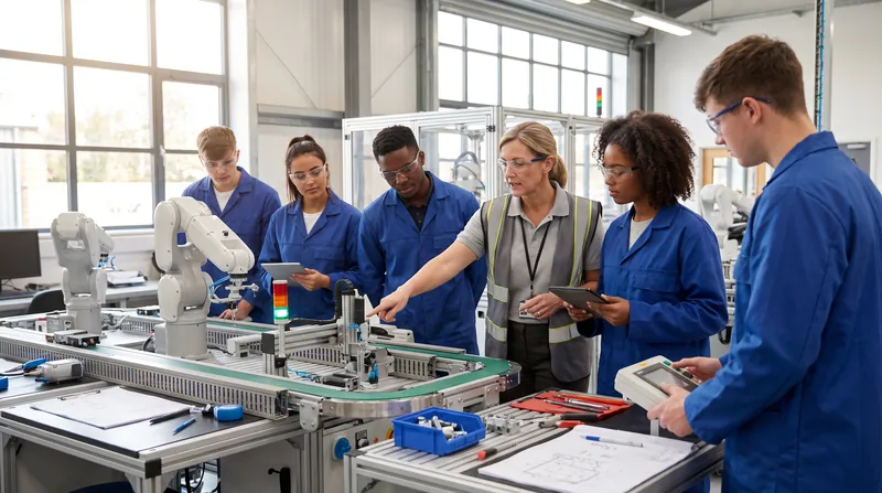 A diverse group of apprentices working on an advanced manufacturing assembly line alongside an instructor.