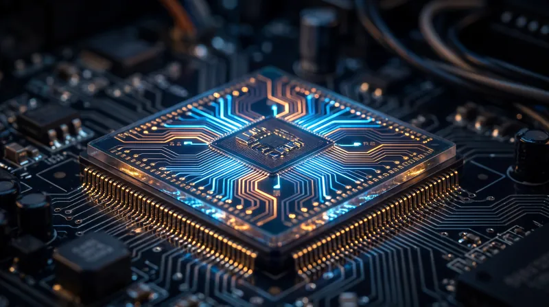 A glowing silicon processor chip mounted on a dark motherboard, illuminated by blue and amber light.