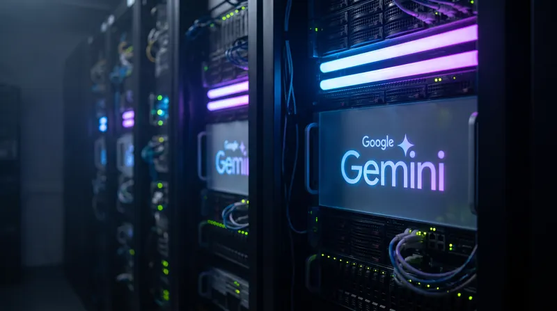 A glowing Google Gemini logo displayed on a server rack in a dark data center.