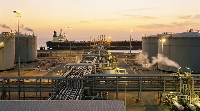 A massive industrial oil export terminal in Saudi Arabia at dusk with complex pipe networks and storage tanks.