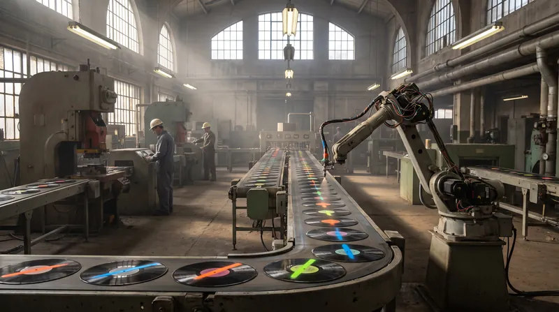 A factory assembly line where identical black vinyl records are being pressed, with a robotic arm painting a unique neon splash on each one.