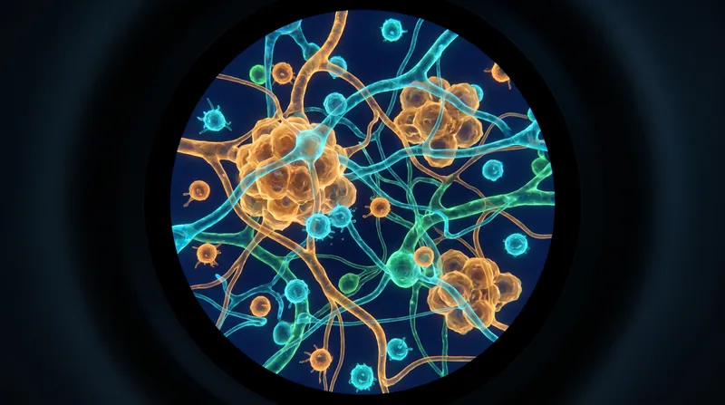 Microscopic view of a complex cellular network with glowing structures representing a tumor microenvironment.