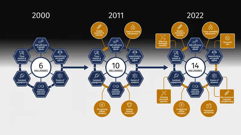 Over two decades, the framework expanded to include the tumor's interactions with the immune system and the microbiome.