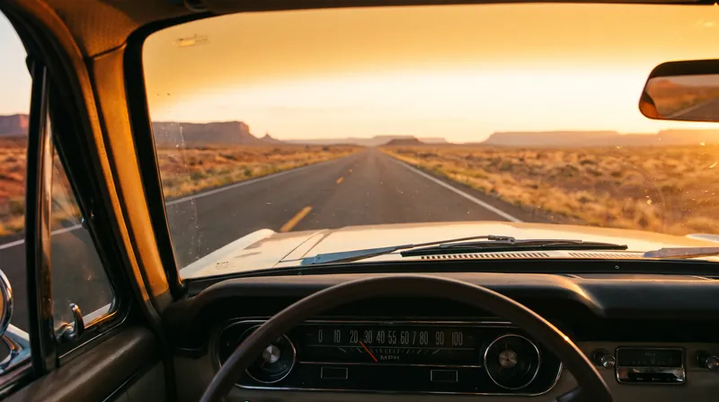View from inside a car driving on a straight desert highway, with the speedometer showing exactly 55 mph.