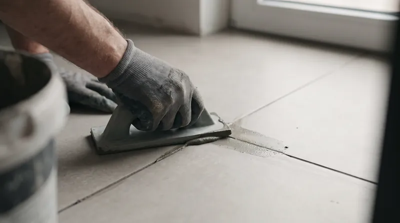 Professional installer using a rubber float to press grout into modern floor tile joints.