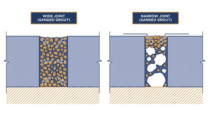 Forcing sanded grout into a narrow joint causes the aggregate to bridge the gap, leaving unsupported voids below the surface.